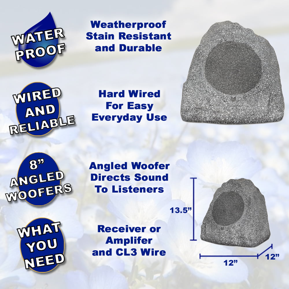 Granite Grey Theater Solutions 2R8G 8-Inch Woofers Outdoor Garden Waterproof Granite Rock Patio Speaker Pair 