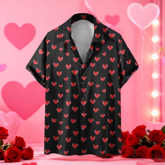 Elvqul Short Sleeve Shirts for Men Red Mens Printed Button Down Tops Valentine's Day Stylish Collared Shirts