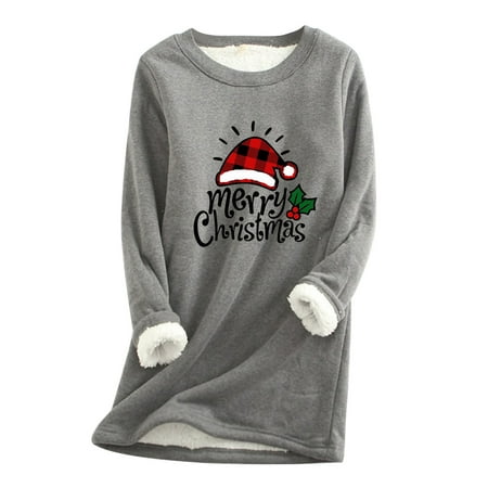 

Swiusd Christmas Tops for Women Long Full Sleeve Wool Fleece Woolen Women O Neck Loungewear Nightgowns Print Fall Ladies Warm Bottoming Shirt Merry Print Top 006 Dark Grey M