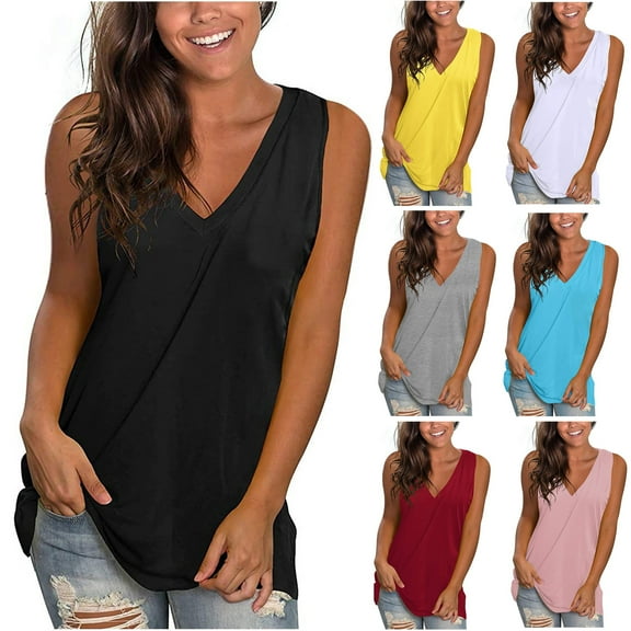 Otntypg Workout Tank Tops Woman Basic Cami Tanks Casual Solid Color Deep V Neck Sleeveless Tees Vest Loose Flowy Comfy Tunic Blouse Sky Blue L