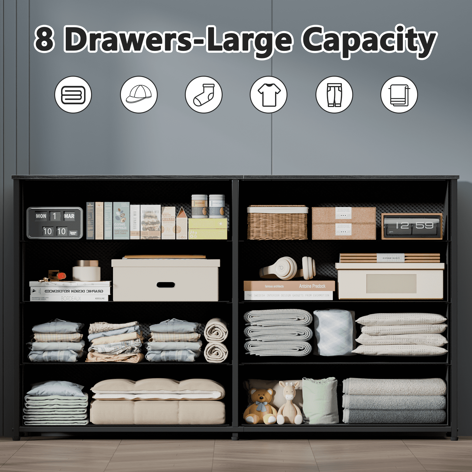 Tydimor Black 8 Fabric Drawers Dressers for Bedroom Wide Dresser TV Stand for 55" TVs, Chest of Drawers