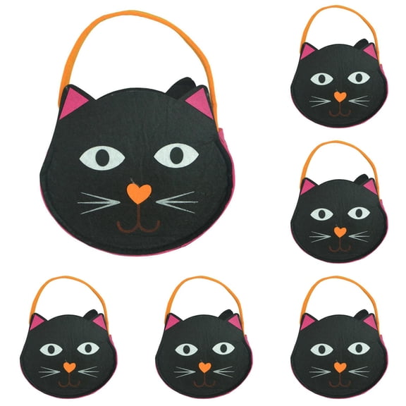 Halloween Candy Bag Handheld Felt Pumpkin Bag Trick or Treat Tote with Handle Black Cat Shaped Gift Bag Glow in The Dark Party Favor Non Woven Goodie Tote for Snacks Toys 6PC