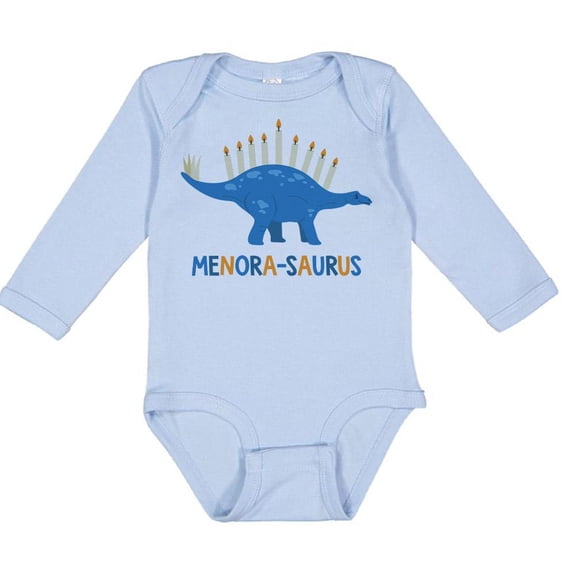 TeesAndTankYou Menora-saurus Hanukkah Long Sleeve Baby Onesie Infant One Piece Bodysuit Newborn Light Blue