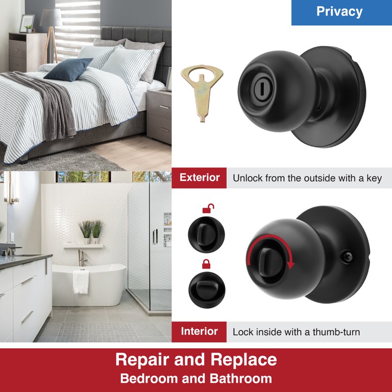 Black Interior Door Knob With Lock - Round Rosette, Heavy Duty, 45-Degree Turn, Push Button Privacy