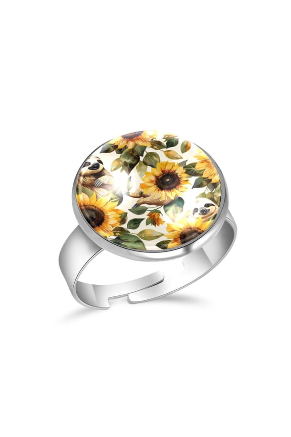 Sloth Sunflower Pattern Stainless Steel Rings for Women, Open Adjustable Ring Promise Ring Jewelry Gifts