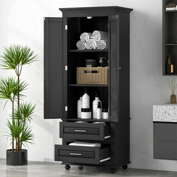 EUROCO 62.5" H Bathroom Storage Cabinet,Modern Floor Cabinet with Adjustable Shelf,Small Pantry with 2 Doors & Drawers,Storage Cabinet for Bathroom,Living Room,Office,Black