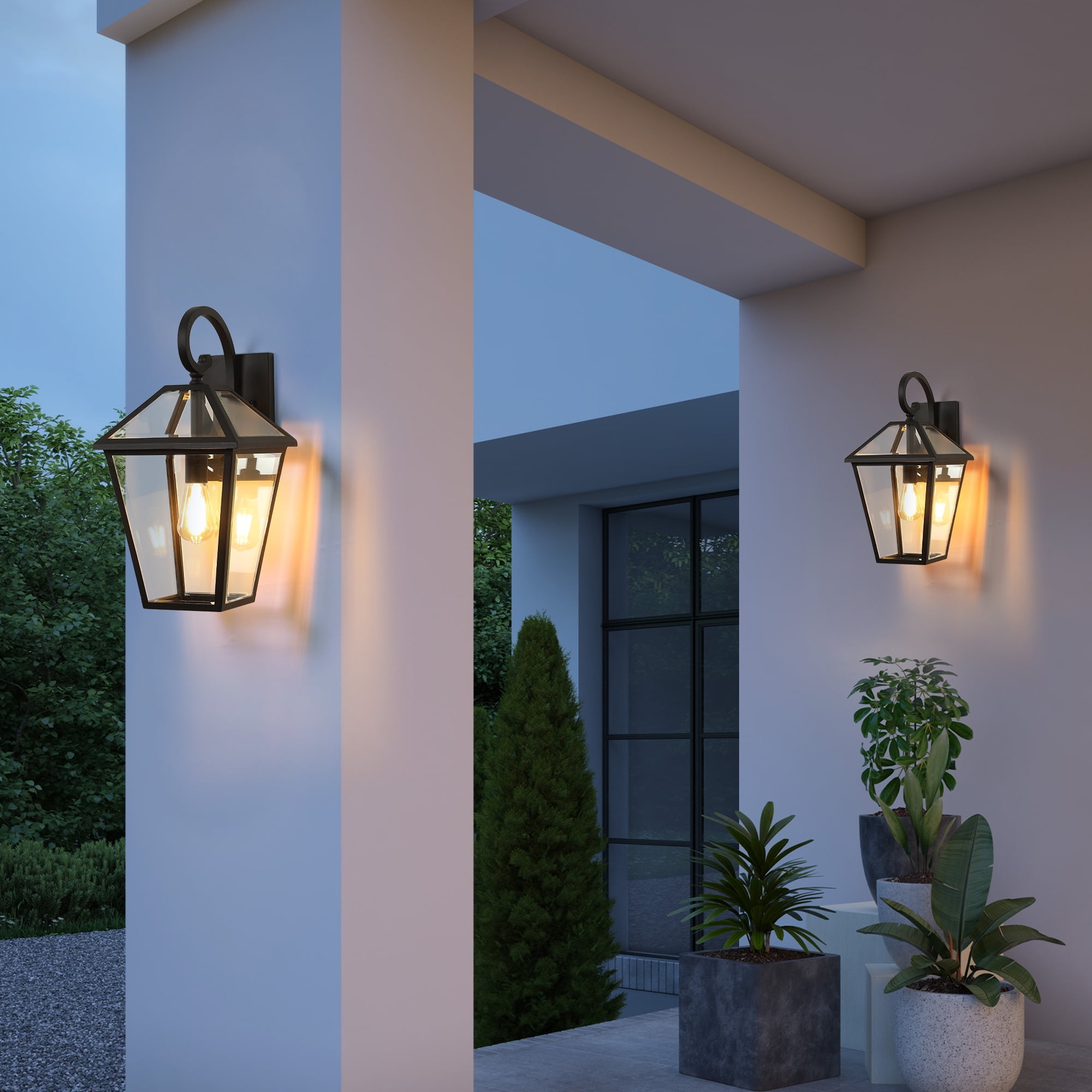 Outdoor Wall Lanterns Set of 2 10 Inch, Black Finish Weatherproof Wall Sconce with Clear Glass for Porch, Black
