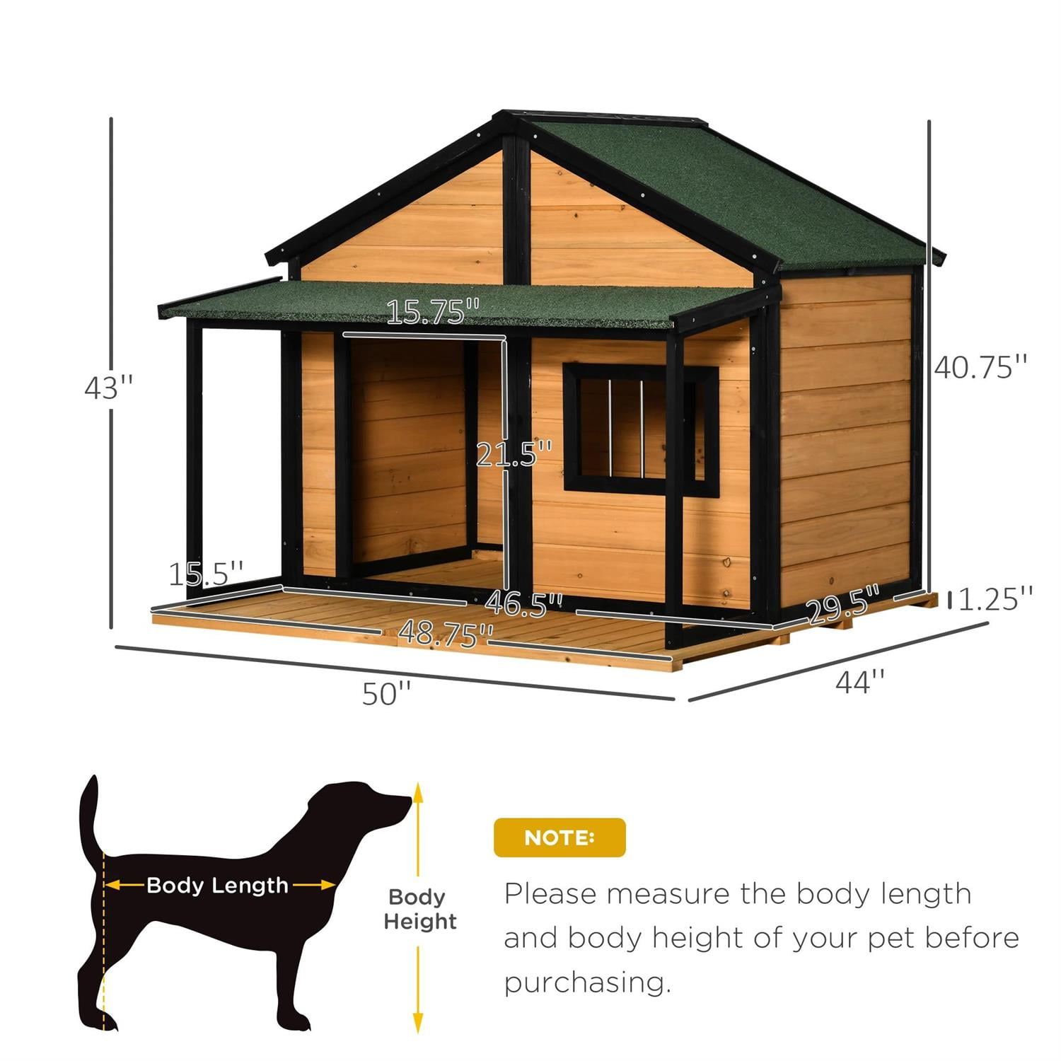 Pefilos 50" Outdoor Cabin Style Dog House with Porch, Wooden Dog Kennel Weatherproof for Small to Medium Dogs, Yellow