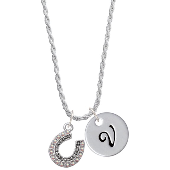 Delight Jewelry Silvertone Beaded Clear AB Crystal Horseshoe with Good Luck Silvertone Script Initial Disc - V - Charm Necklace, 20"+3"