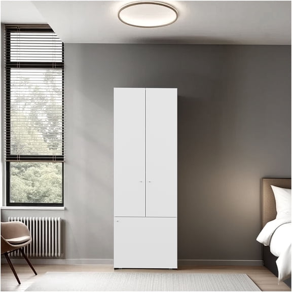 JERFIT White Modern Wardrobe Cabinet Freestanding Armoire with Hanging Rod and Shelves for Bedroom Entryway Closet Organization Storage