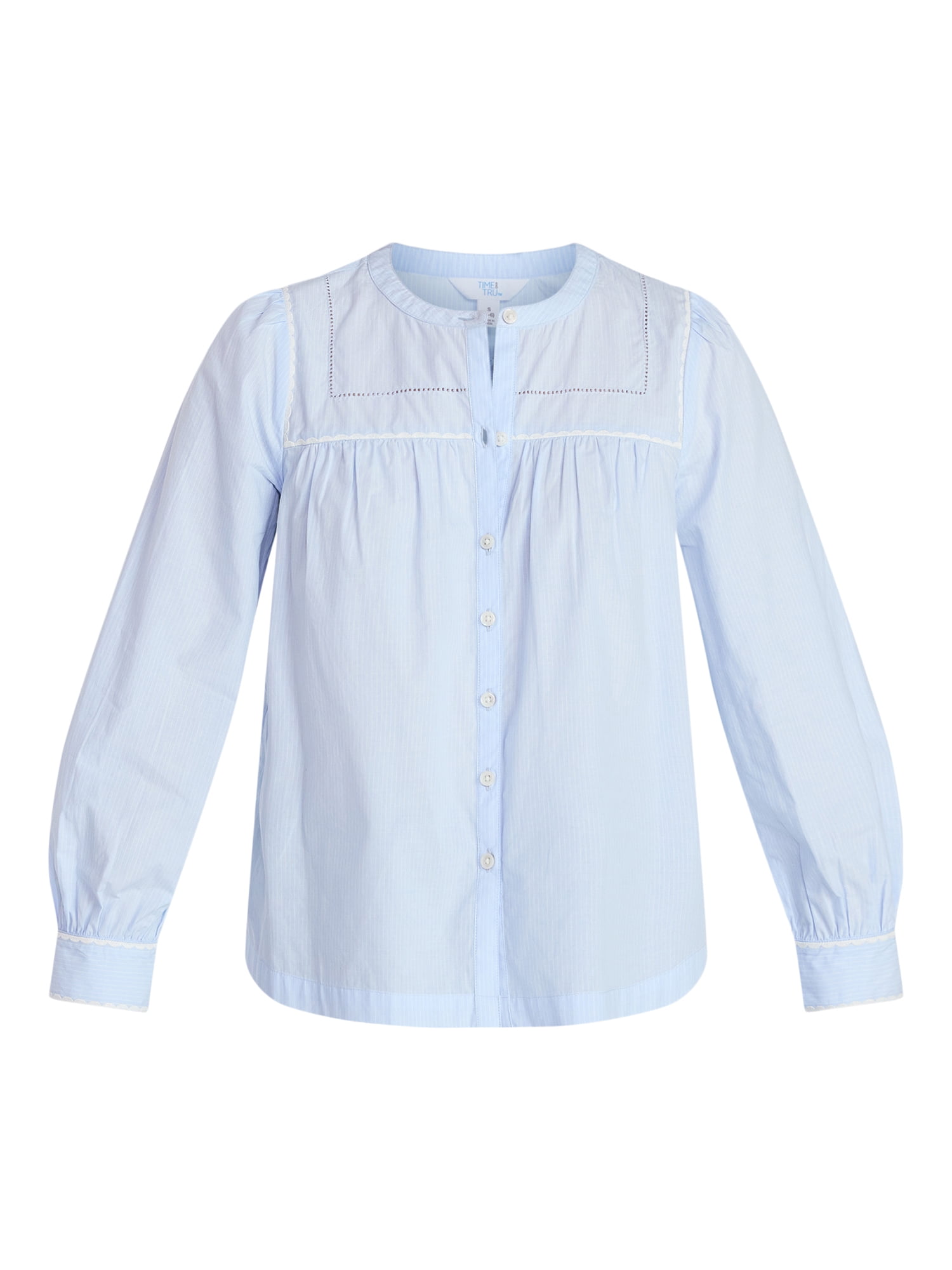 Time and Tru Women's Embroidered Cotton Button Front Shirt with Long Sleeves, Sizes XS-XXXL