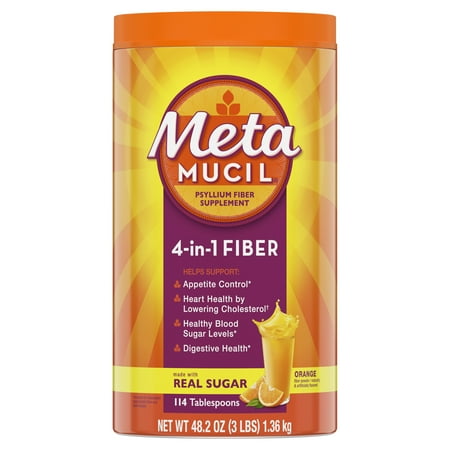 Metamucil Fiber, 4-in-1 Psyllium Fiber Supplement Powder with Real Sugar, Orange Smooth Flavored Drink, 114 (Best Fiber Supplement For Pregnancy)