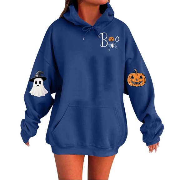 Womens Oversized Hoodie Sweatshirts Long Sleeve Halloween Hoodies with Pocket Fleece Lined Loose Graphic Sweat Shirts Blue, 2XL