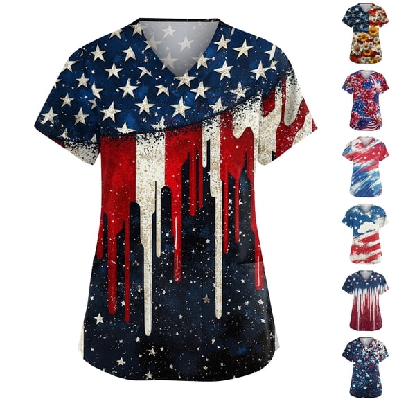 JoveMarine Women's V-Neck Short Sleeve Scrub Top with Pockets Independence Day Printed Work Blouse Spring Summer Casual Uniform for Daily Work Black L