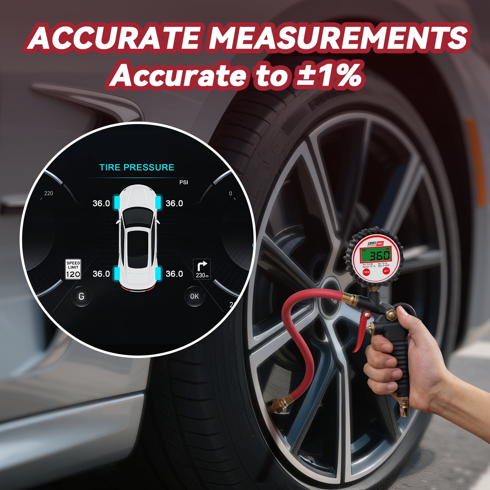 Digital Tire Inflator with Pressure Gauge, 0-220 PSI Tire Gauge with Air Compressor Accessories,0.1 PSI Resolution,Air Pressure Gauge for Cars, RV ,Motorcycle,Bicycle.