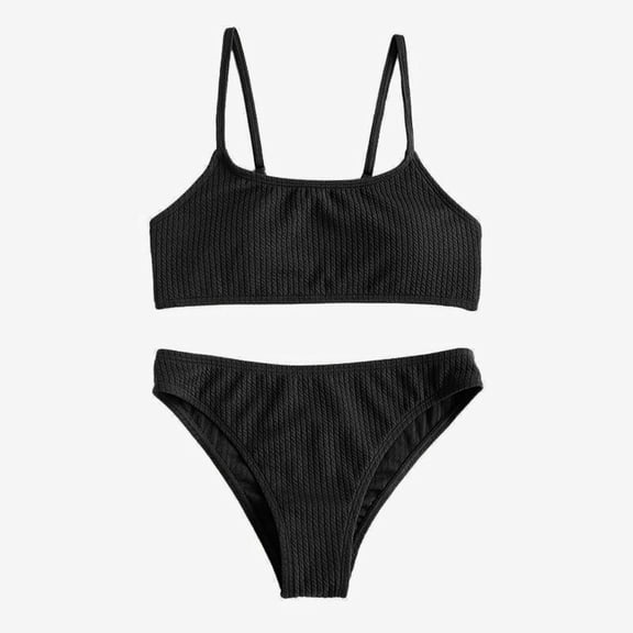 Ticikt Girls' Trendy Ribbed Swimwear, Minimalist Solid Color Two-Piece Bikini for Teens,Black