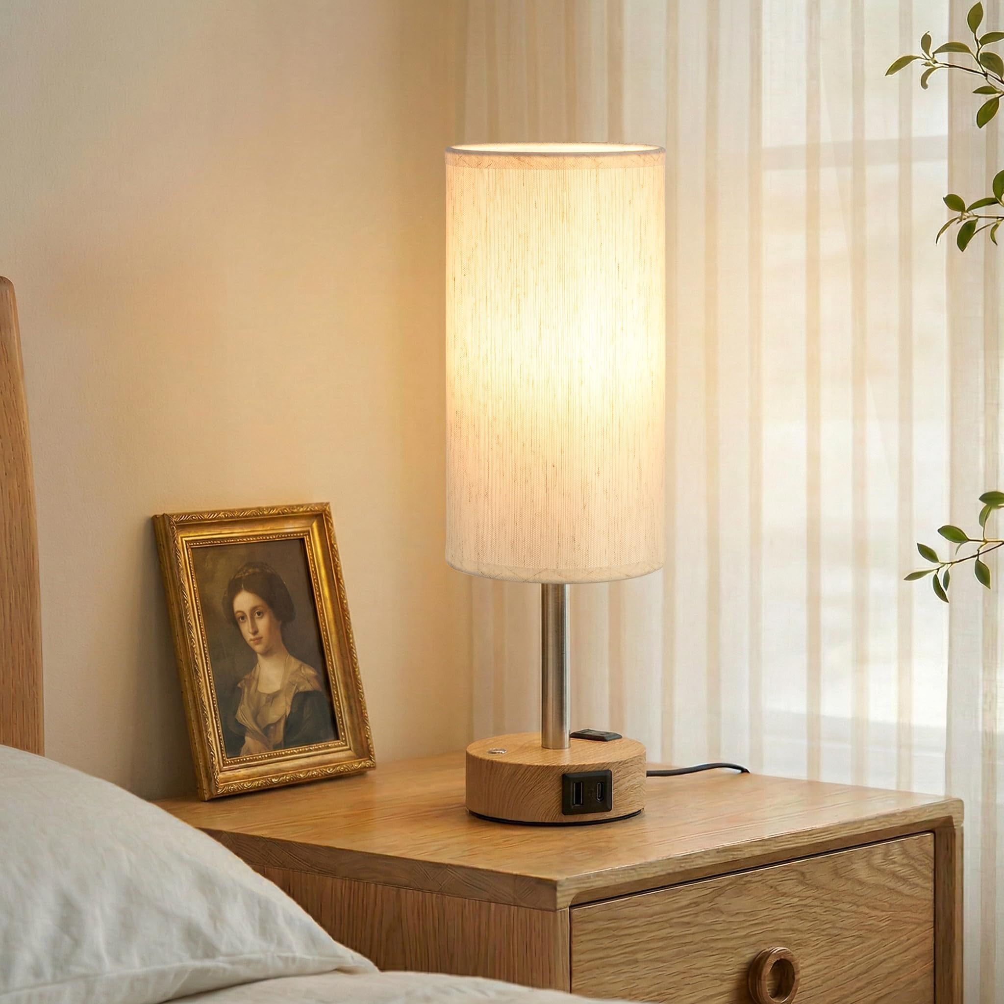 Touch Bedside Table Lamp with Memory - Stepless Dimmable Lamp for Bedroom, Small Nightstand Lamp with Dual USB Charging Ports and AC Outlet, Wood Night Light, Deak Lamp for Nursery, Living Room, Dorm