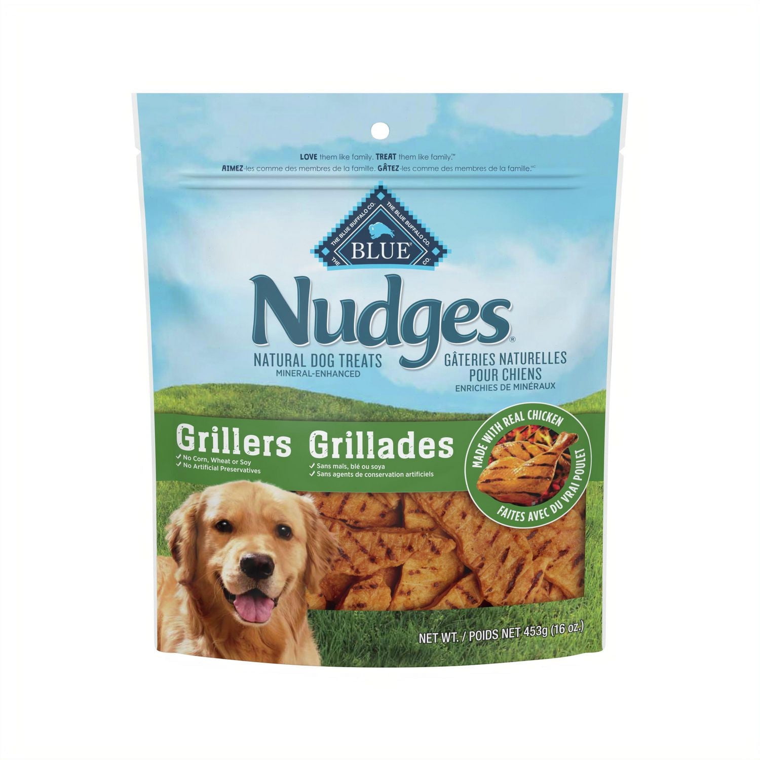 Blue Buffalo Nudges Grillers Gâteries Naturelles pour Chiens, Faits avec du Vrai Poulet, 453g