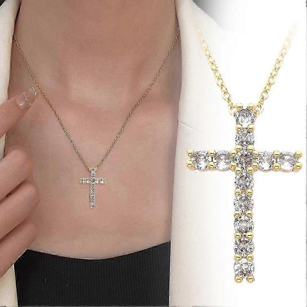 Elegante y moderno collar con colgante de cruz decorado con diamantes de imitación para mujer y niña.