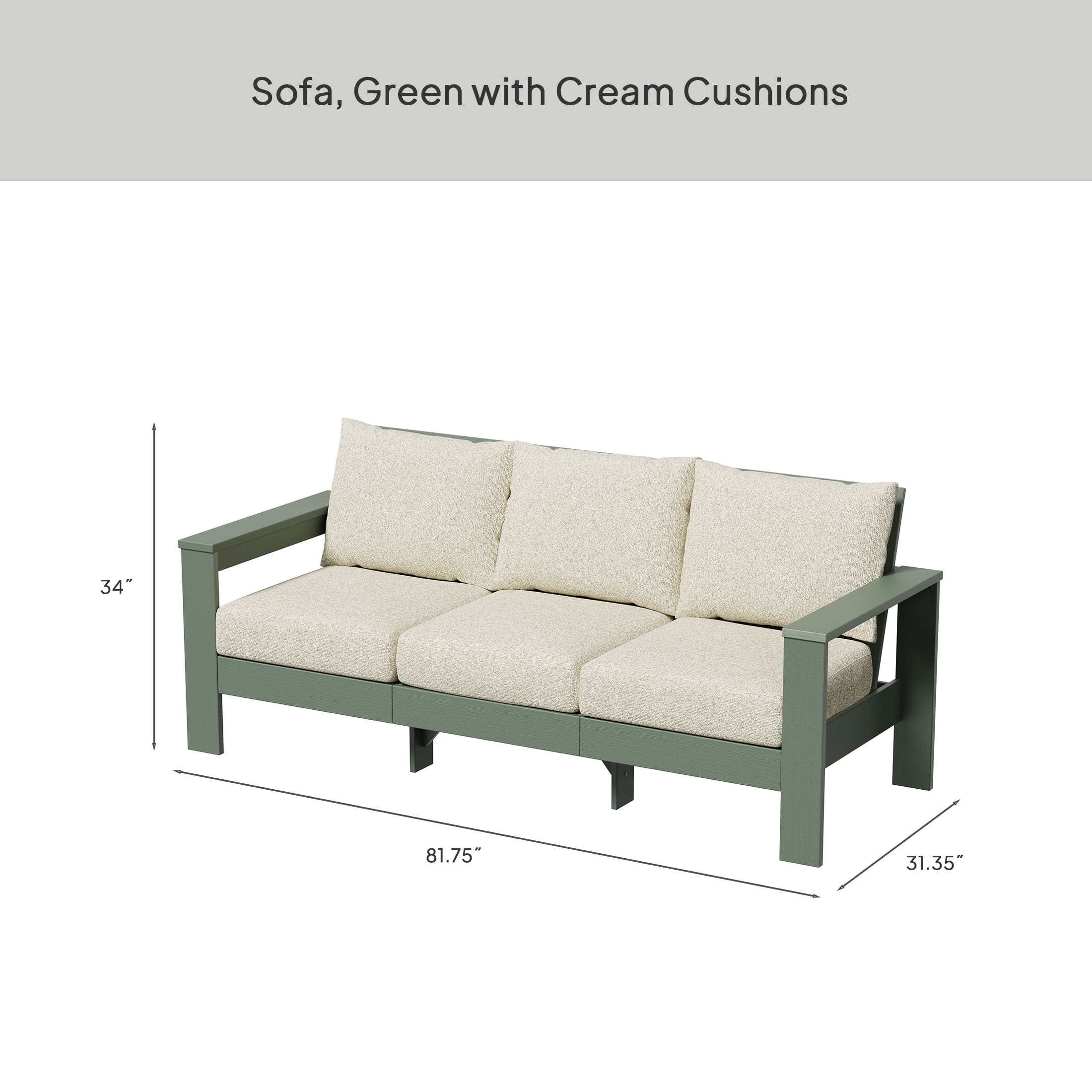 Better Homes & Gardens Ezra Outdoor HDPE Sofa, Green with Cream Boucle Cushions