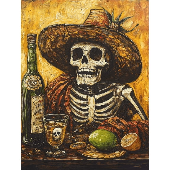 Skeleton with Tequila Canvas Art Print, Suitable for Living Room, Dining Room, Bar,and Bedroom Decoration