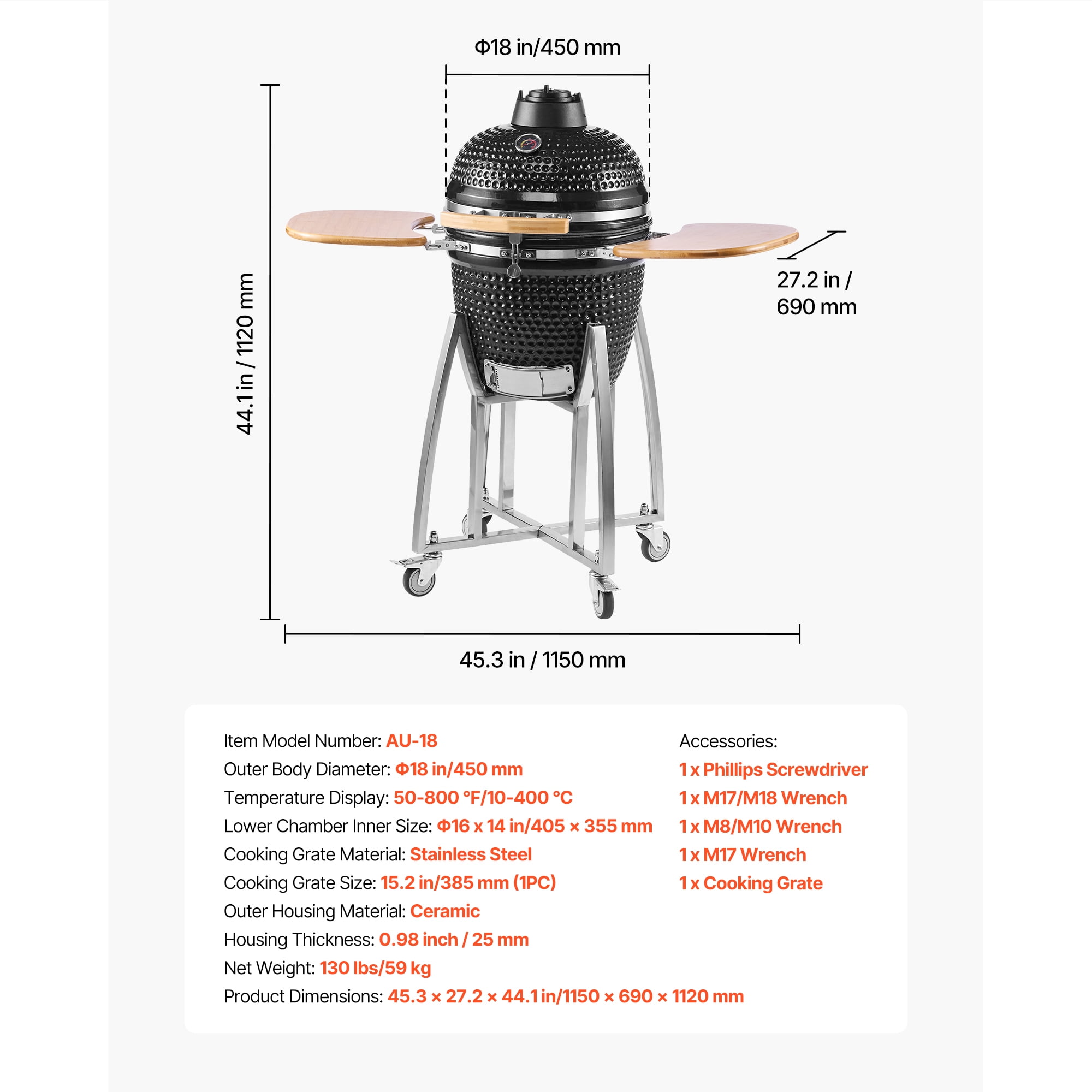 KFFKFF 18" Charcoal BBQ Smoker and Grill, Portable Ceramic Barbecue with Wheels, Built-in Thermometer, and Side Shelves for Outdoor Cooking