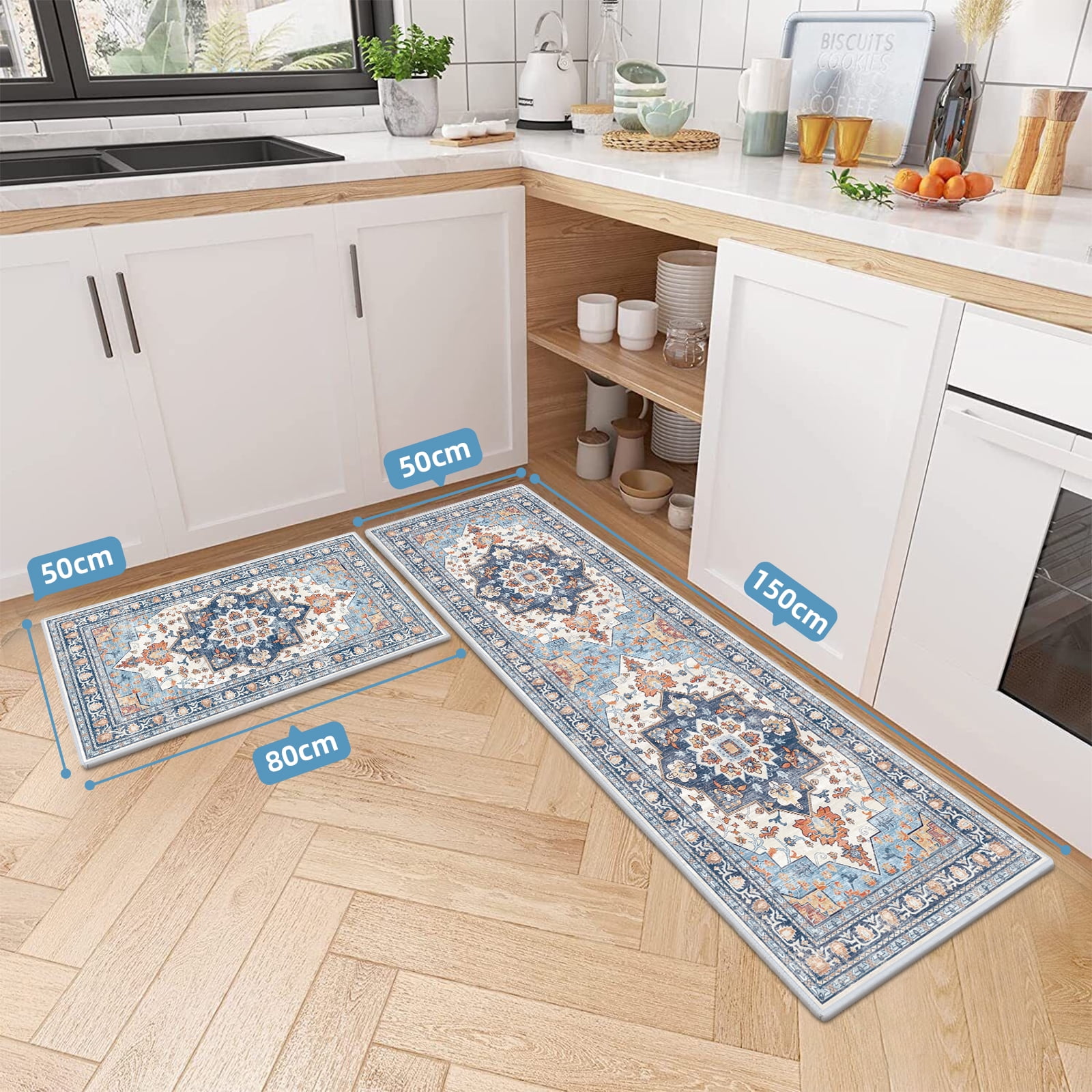 Findosom 2pcs Kitchen Rugs, Washable Boho Farmhouse Kitchen Mats for Floor, Non Slip Thick Indoor Kitchen Floor Mat Carpet Runner Rugs for Entryway Hallway Laundry Home Decor 20"x32"+20"x47" Blue