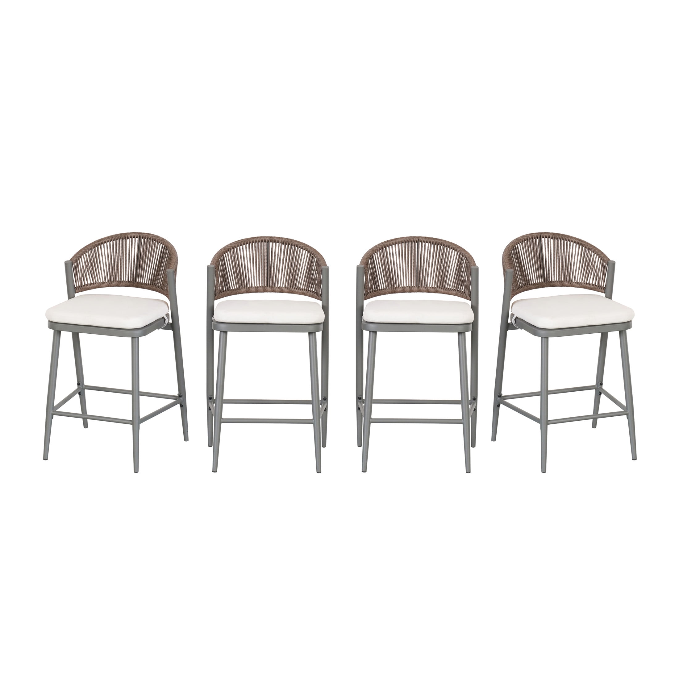 Amara Modern Outdoor Patio 26"H Counter Stools with Wicker Backrest, Iron Frame, Water-Resistant Cushion, Matte Grey, Set of 4
