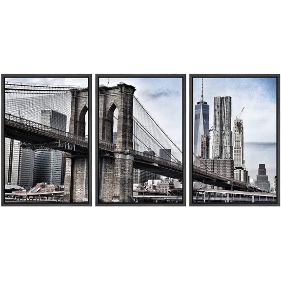 wall26 - 3 Piece Framed Canvas Wall Art - Brooklyn Bridge in Vintage Color,New York - Modern Home Art Stretched and Framed Ready to Hang - 16"x24"x3 Black