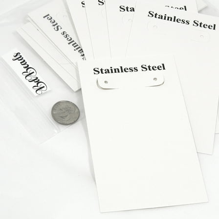 20 Big 4 1/4 inch Long x 2 1/2 inch Wide White Earring Display Cards with Black Stainless Steel Print for Hoops, Hooks, Kidney etc