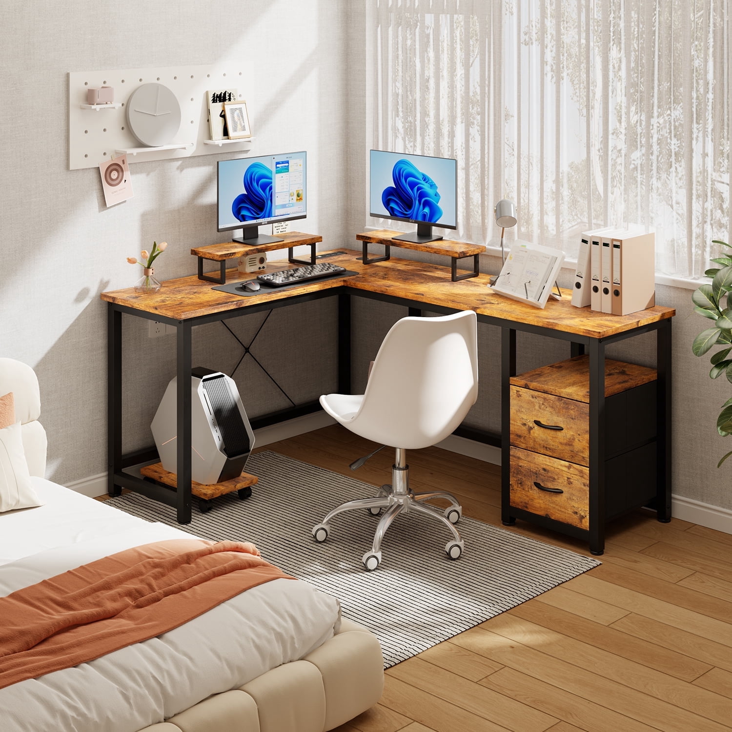 Asofer L-shaped Computer Desk, 66-inch Spacious Desk, Gaming Desk with Monitor Stands, Suitable for Study and Living Room, Black