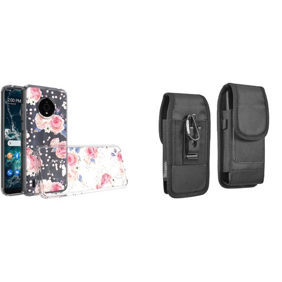 Case and Pouch Bundle for Nokia C200: Slim Series TPU Protector Case (Vintage Pink Floral) and Vertical Rugged Nylon Belt Holster