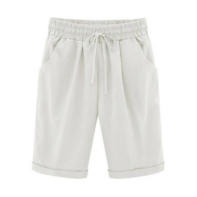 DPTALR Women's Summer Solid Five Points Large Size Cotton Linen Pants Casual Pants