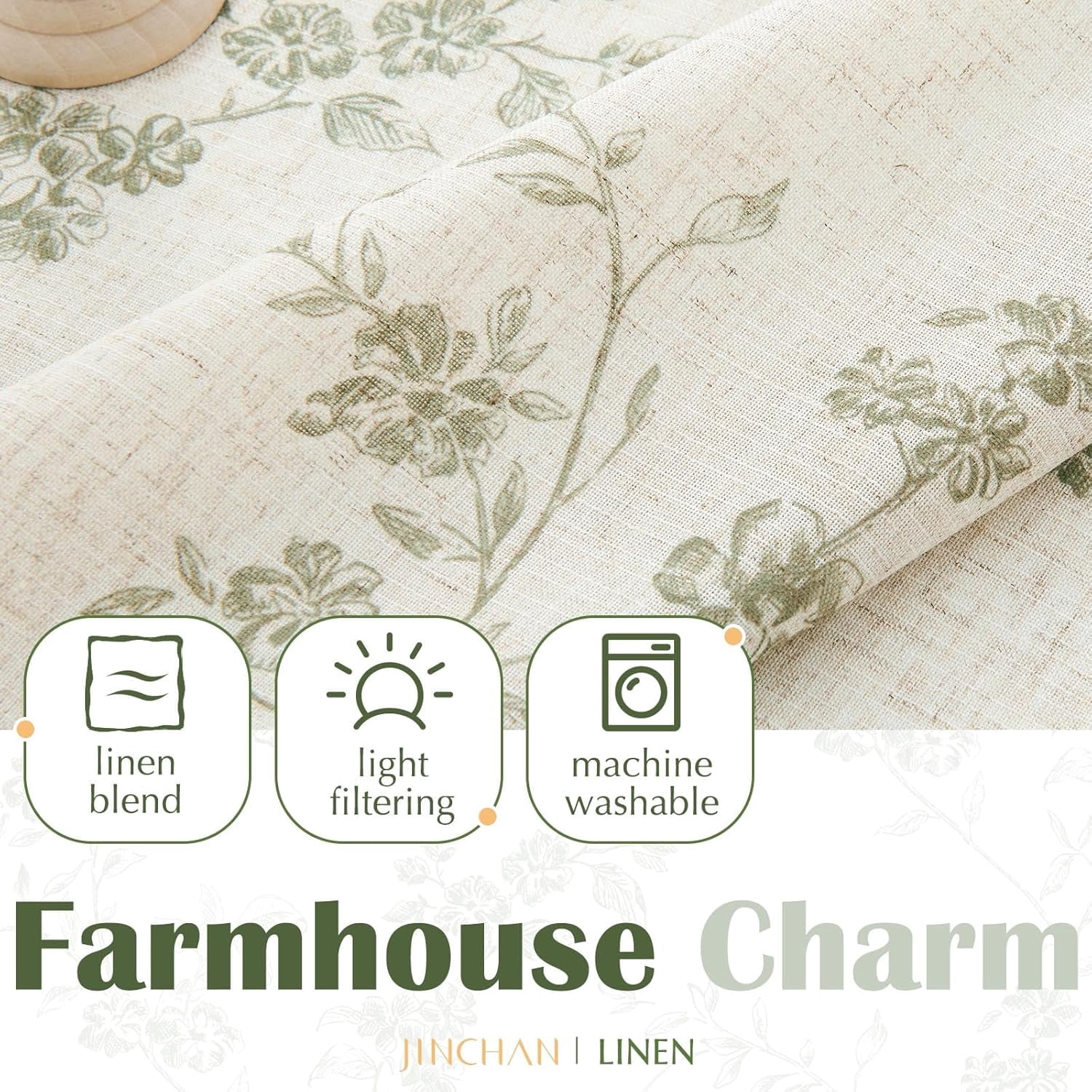 Floral Kitchen Curtains 36 Inch Linen Tier Curtains Farmhouse Cafe Half Window Drapes Over Sink Light Filtering for Living Room Laundry RV Rod Pocket 2 Panels Sage Green on Beige