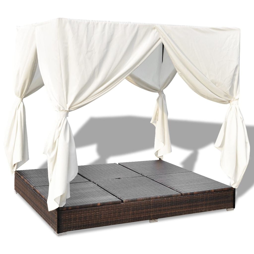 Kepooman Lounge Bed with Curtains and Washable Cushions for Garden Patio, Brown Kepooman Lounge Bed with Curtains and Washable Cushions for Garden Patio, Brown