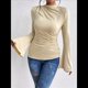 thumbnail image 5 of Camiseta Básica con Cuello Alto Fruncido y Mangas Largas con Volantes para Mujer Albaricoque L, 5 of 9