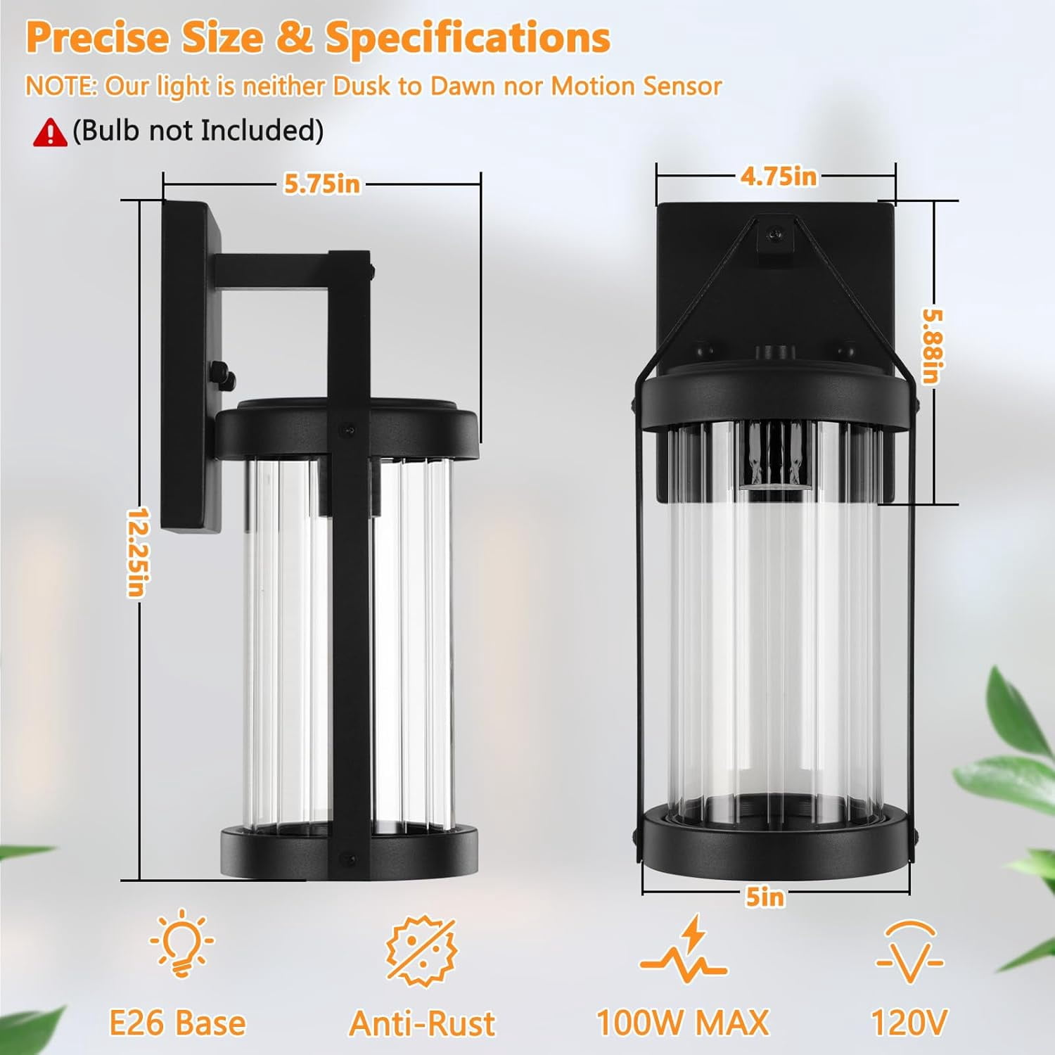 2-Pack Water-Resistant Matte Black Outdoor Wall Lanterns with Clear Ribbed Glass