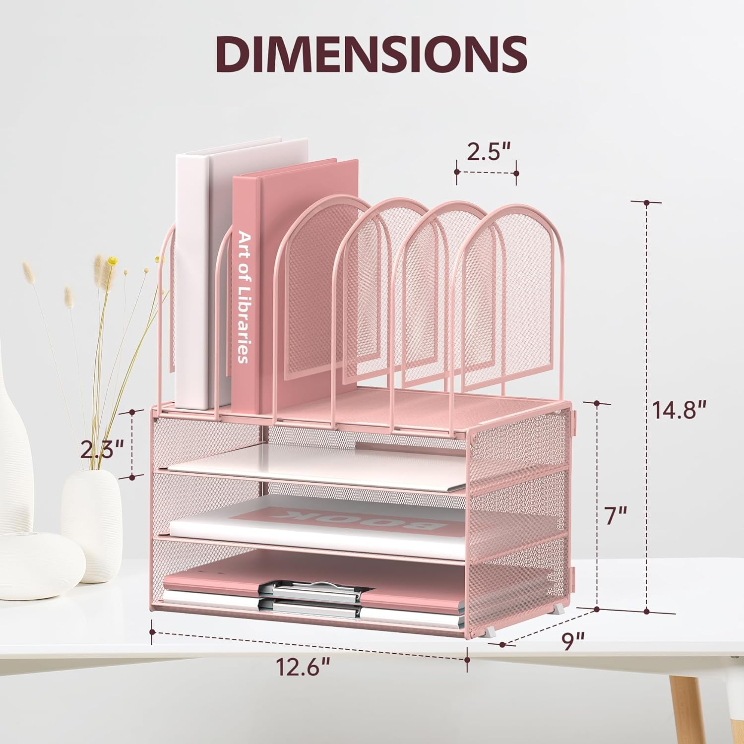 INTIGE 3 Tier Metal Desktop Folder Organizer with 5 Vertical File Shelves, Paper Organizer, Pink, 1 Piece
