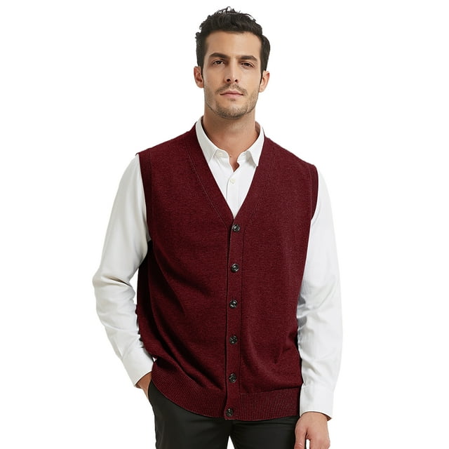 TOPTIE Men Sweater Vest Solid Knitted Lightweight Thermal Cardigan-Wine Red-L
