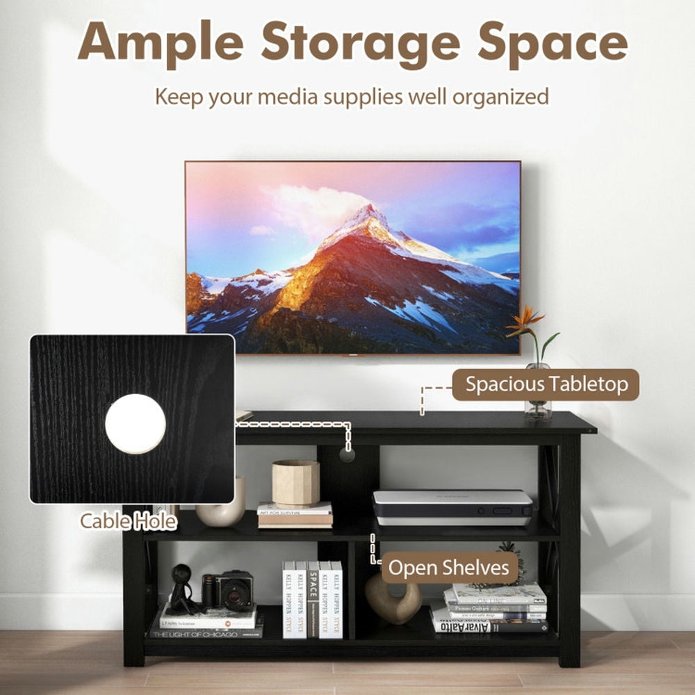 Finihen TV Stand, Entertainment Center, 3 Tier Wood TV Stand for 55-Inch with Open Shelves and X-Shaped Frame, for Living Room, Black