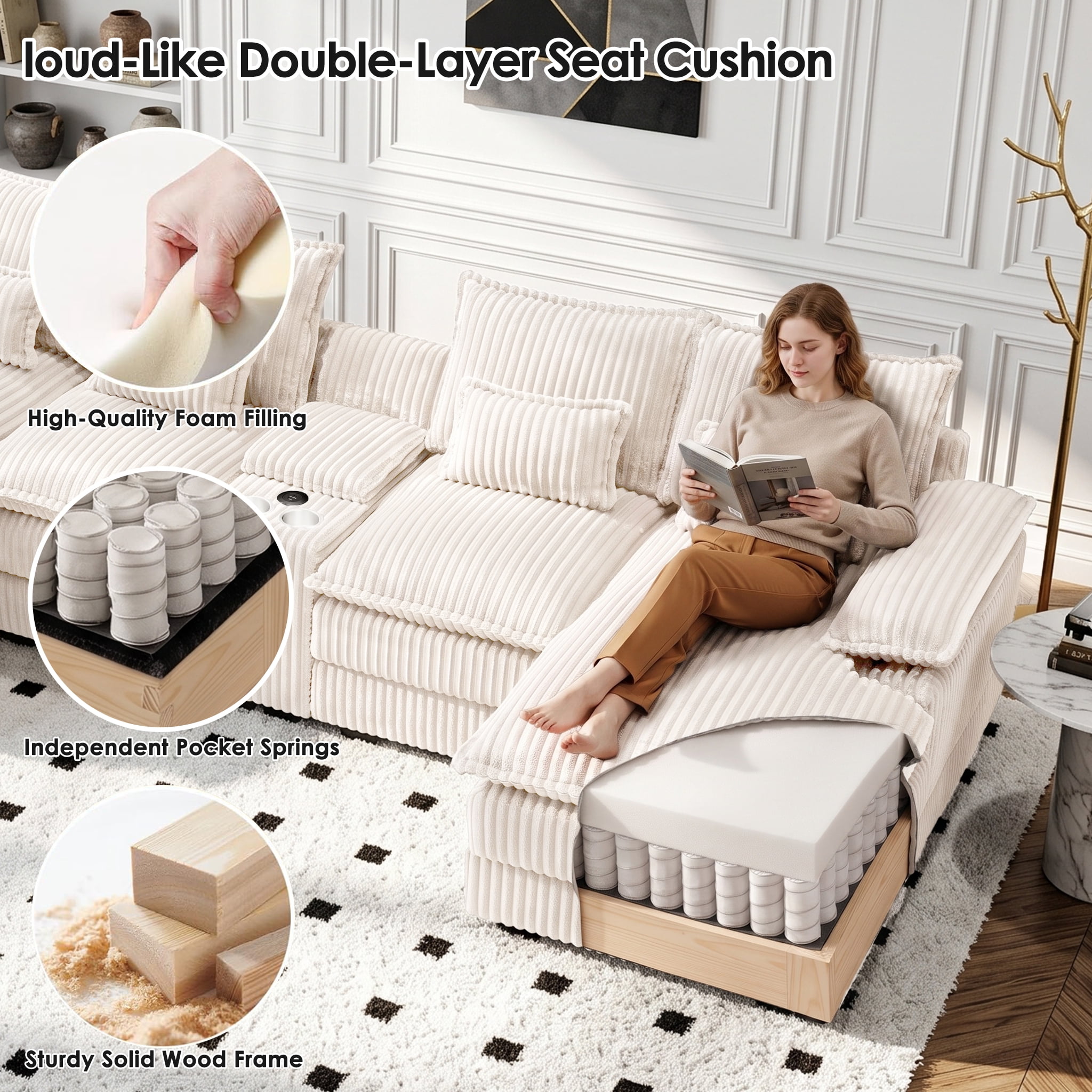 Wakefit 125" U Shaped Sectional Couch, Oversized Modular Sectional Sofa, 5 Seater Corduroy Cloud Couch with Hidden Storage, USB Ports & Cup Holders for Living Room, Beige