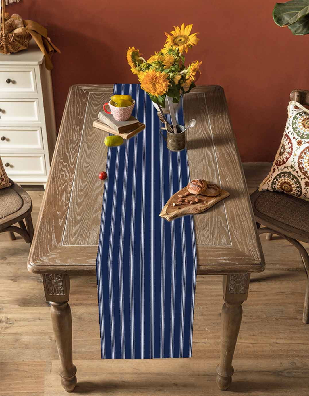 ERUNPONLY Navy Blue Striped Table Runner - 48 Inch Long Navy Blue White Farmhouse Stripes Cotton and Linen Blended Dress Scarves Farmhouse Table Runner for Kitchen Dining, Coffee Table, 13" x 48"