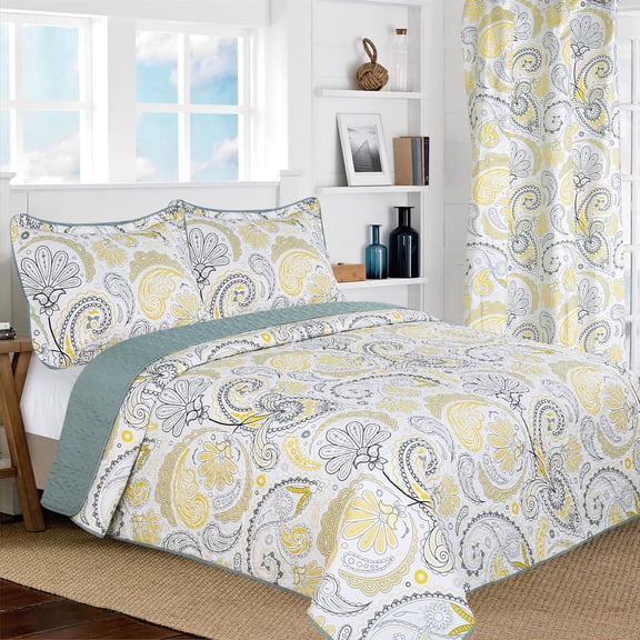 All American Collection New 3pc Yellow/Grey PaisleyPrinted Reversible Bedspread/Quilt Set