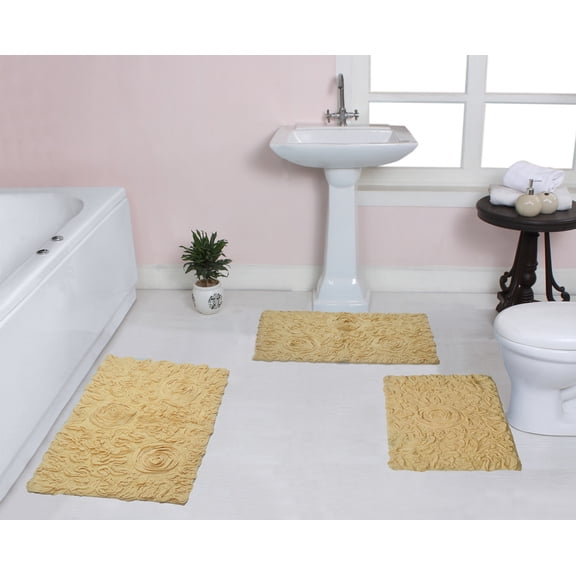 Home Weavers Bell Flower Collection 100% Cotton Non-Slip Bathroom Rug Set Machine Washable Bathroom Rug-17"x24", Bath Rug- 21"x34", Bathroom Rug- 24"x40", Yellow Color 3 Piece Bath Rug set