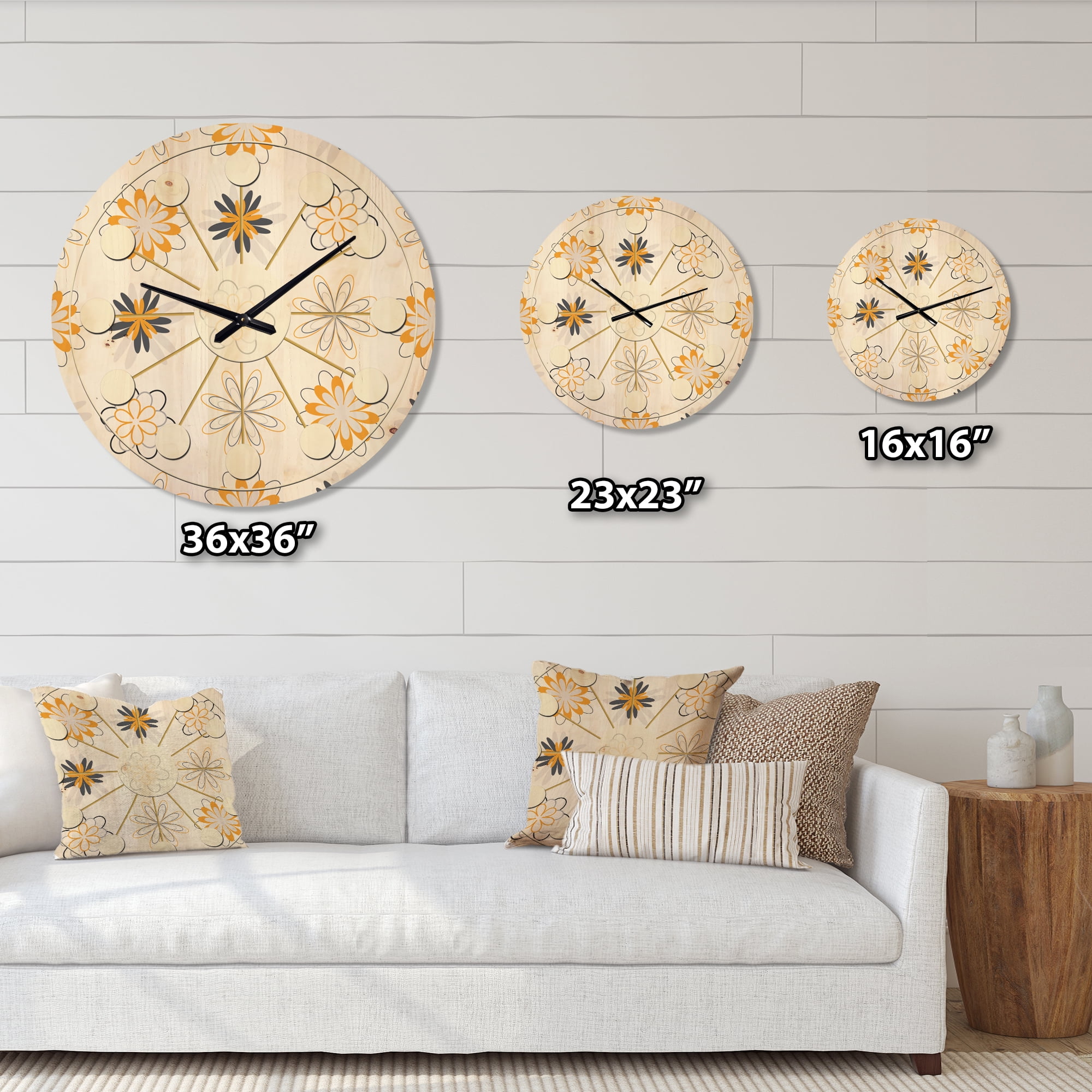 Designart 'Floral Retro Pattern VIII' Mid-Century Modern Wood Wall Clock