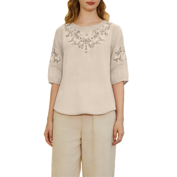 Tweang Linen Shirts for Women Peasant Blouses for Women Loose Fit Tunic Cotton Button Down Graphic Shirt Cotton Linen Embroidered Tops Floral Embroidered Boho Tops Cotton Linen Shirts Beige L