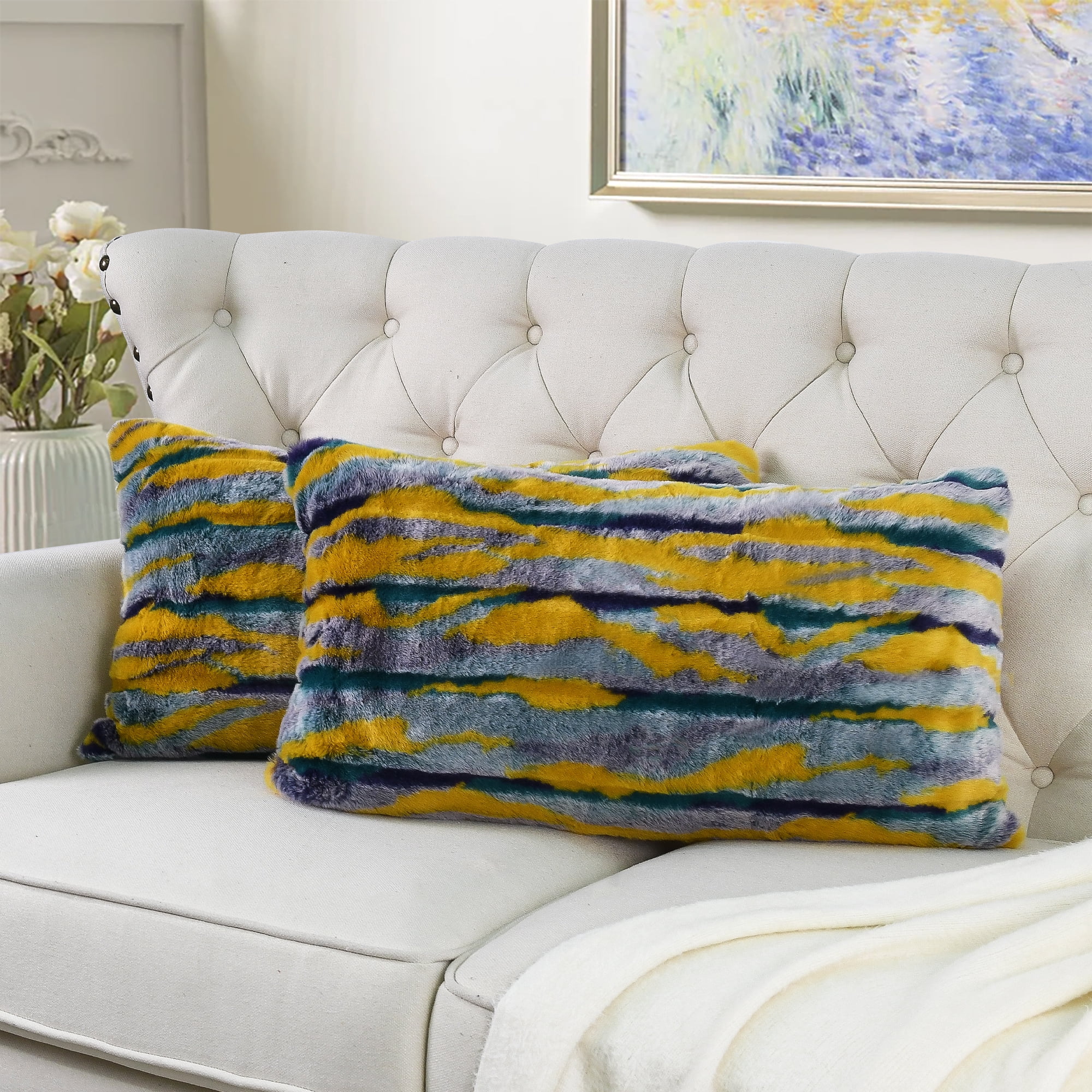 Home Soft Things Multi Jacquard Faux Fur Throw Pillow Cover 2pcs Set - Teal - 14'' x 26''