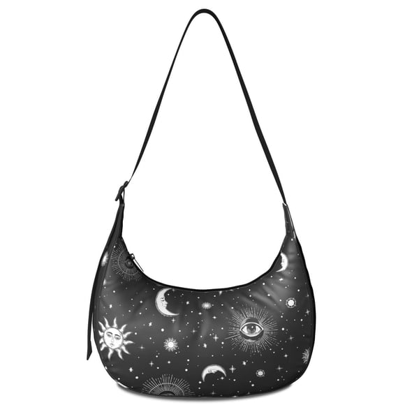 Moon and Starry Night Crossbody Bag, Gothic Steampunk Adjustable Strap, Mystical Sky Sunburst Cosmic Pattern, Celestial Lunar Eclipse Style Purse