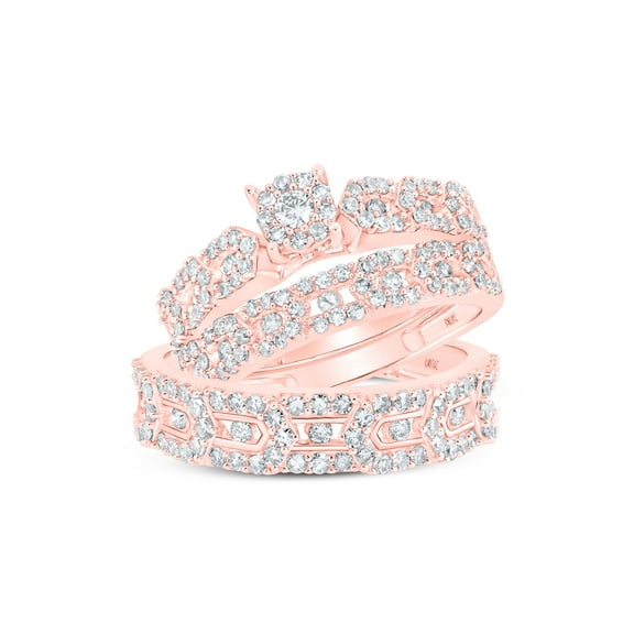 10kt Rose Gold His Hers Round Diamond Cluster Matching Wedding Set 1-3/8 Cttw