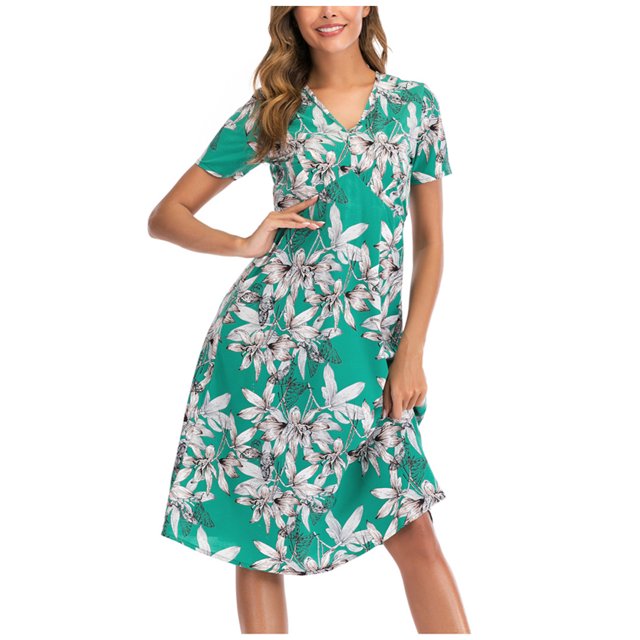 Pompotops Robe Décontractée à Manches Courtes Imprimée Florale Boho Col en V